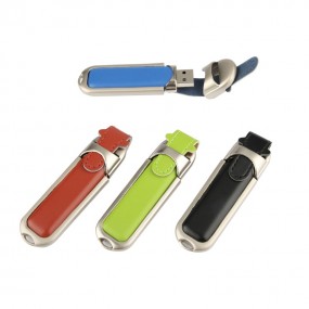 USB Stick aus Leder und Metall mit Logodruck als Werbea...
