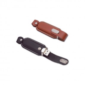 USB Stick aus Leder und Metall mit Logodruck als Werbea...