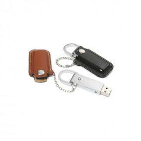 USB Stick aus Leder und Metall mit Logodruck als Werbea...